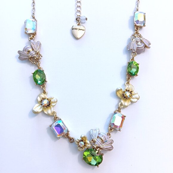 Betsey Johnson Lilac Bee Flower & Crystal Gold Tone Necklace - Picture 2 of 3